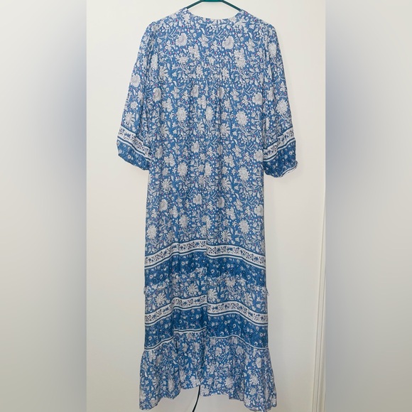 Heccpli Women’s 3/4 Sleeve Blue Floral Boho Maxi Dress Buttons and Tie Waist - Picture 5 of 14